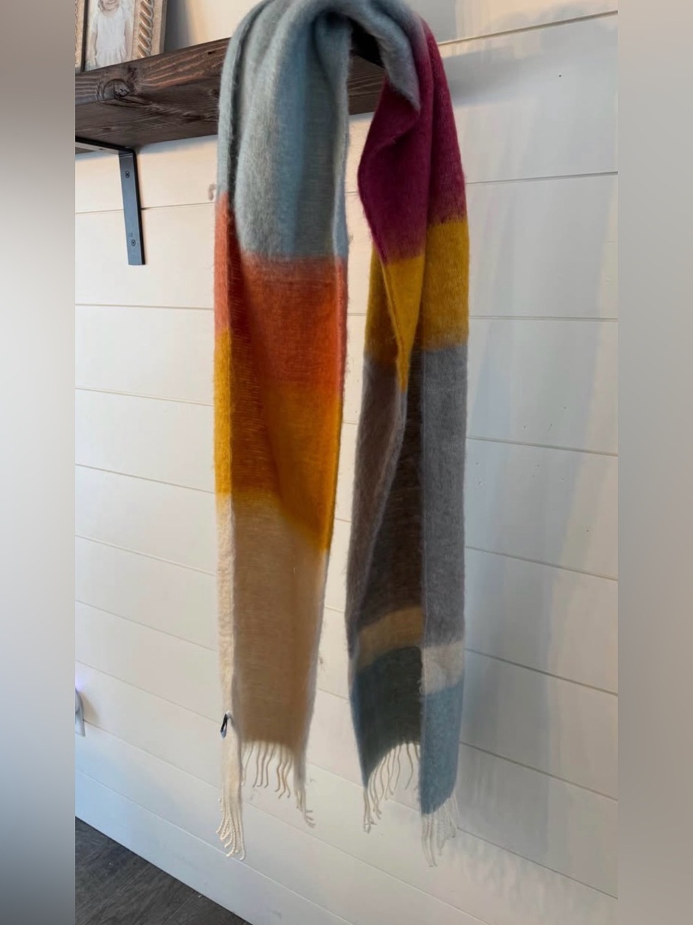 Colorblock Long Fringe Scarf in Mustard, Pink, Gray, Blue